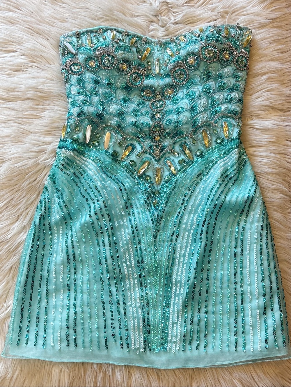 Sherri Hill Women’s Aqua Turquoise Sequin Heavily Beaded Strapless Formal Dress